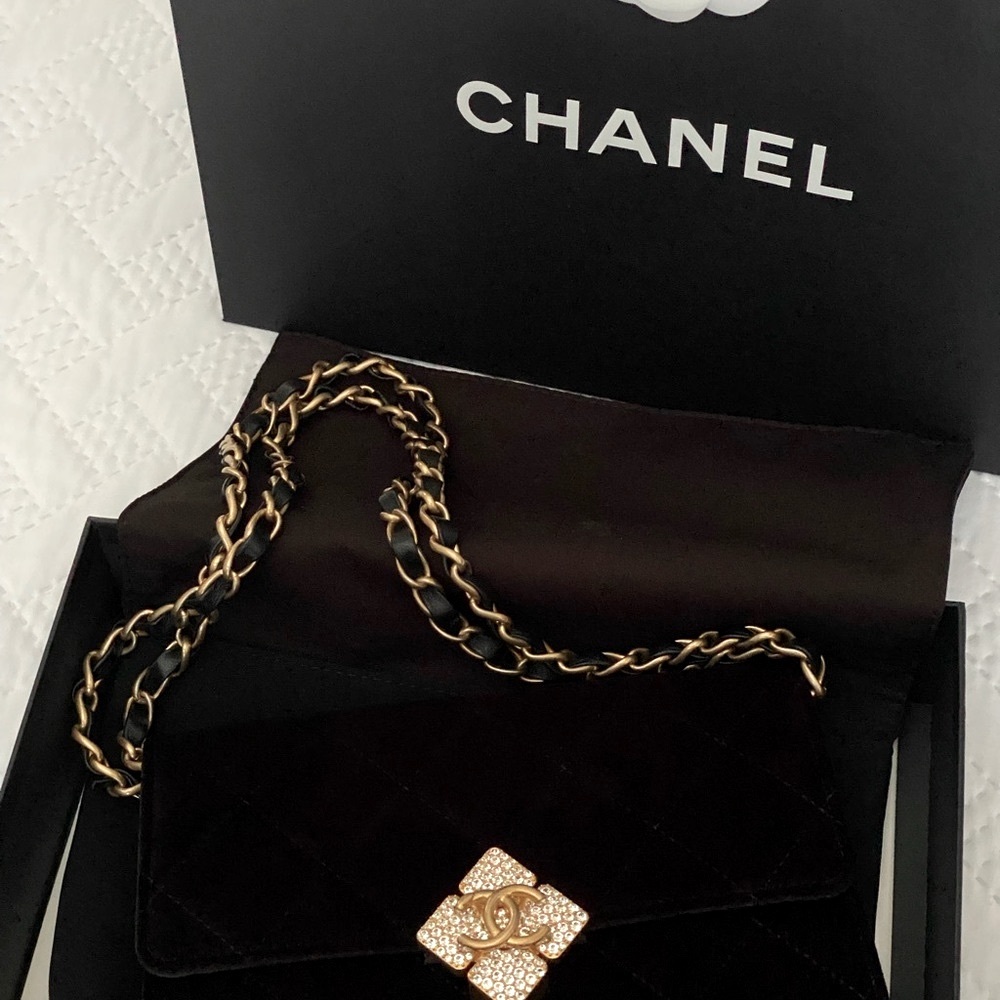 Rare beauty… Chanel WOC—velvet, antique gold hardware & Swarovski closure.